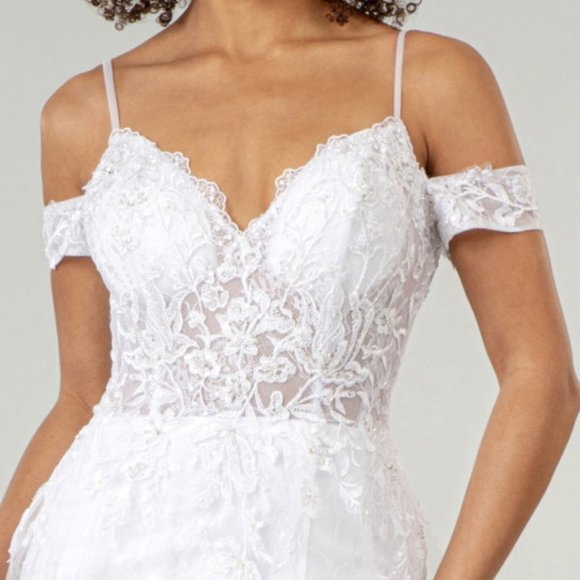 NEW SLEEVELESS OFF THE SHOULDER SHEATH WEDDING GOWN EMBROIDERED WITH LACE GL1946 - Picture 5 of 13